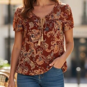 PerSeption Concept Women's Size Medium Blouse Tan Blue Paisley Keyhole Fringe